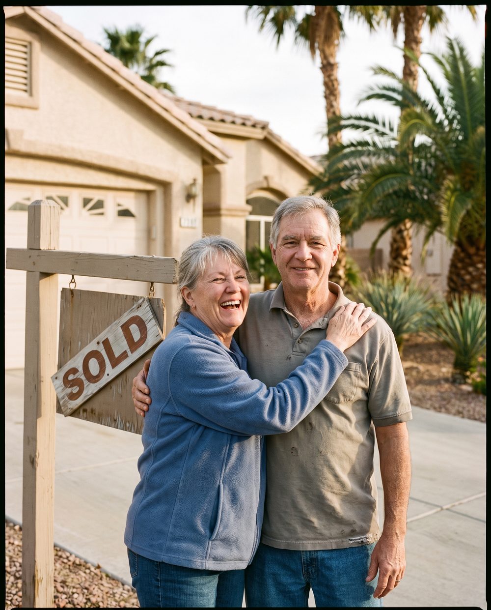 Las Vegas homeowners with the sold sign in their front yard